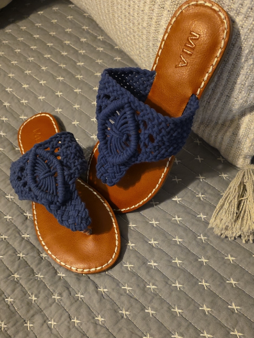 MIA Navy Crochet Toe-Post Sandals with Brown Footbed New Without Box, Tried On.